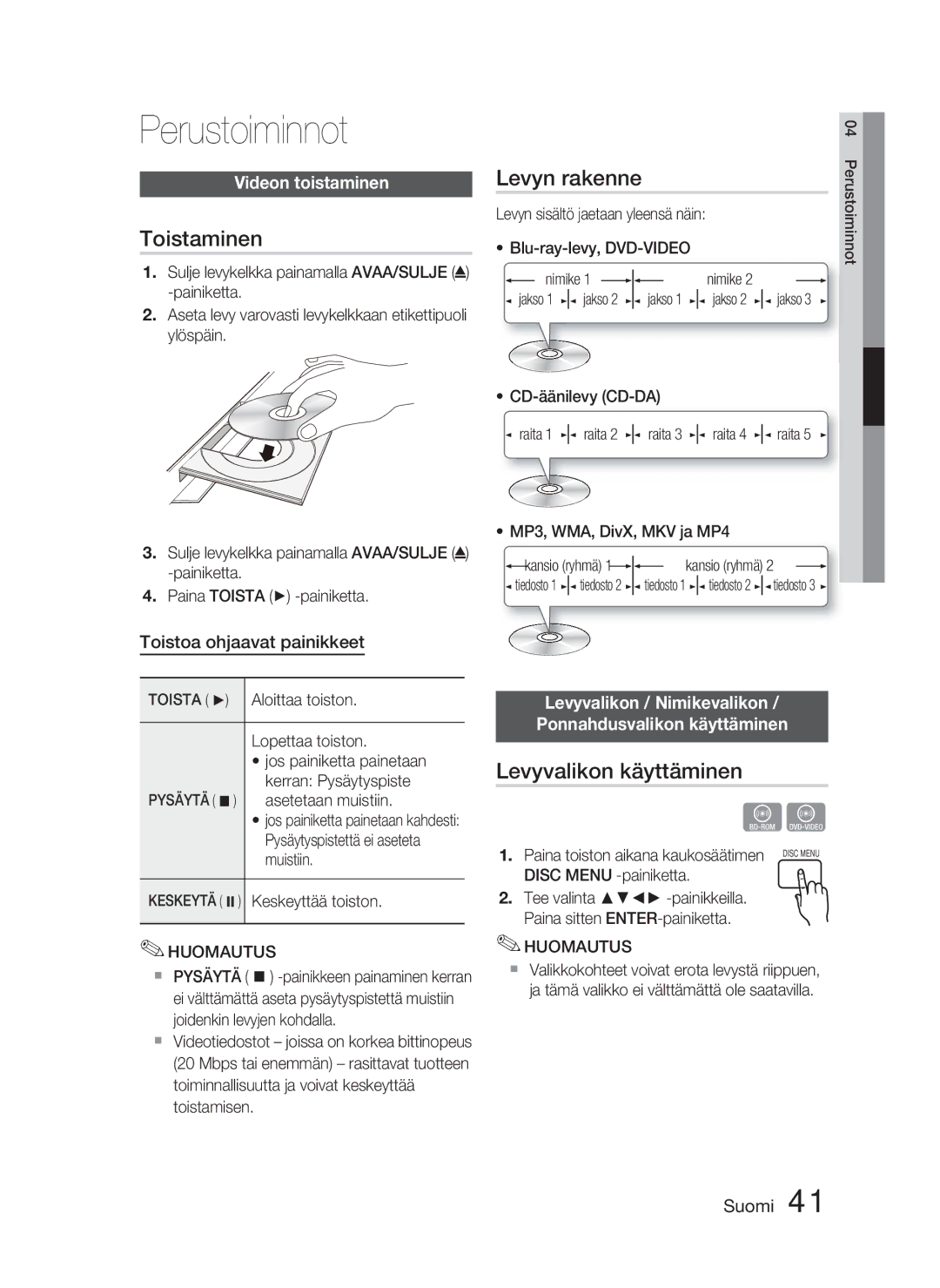 Samsung HT-D4500/XE manual Perustoiminnot, Toistaminen, Levyn rakenne, Levyvalikon käyttäminen 