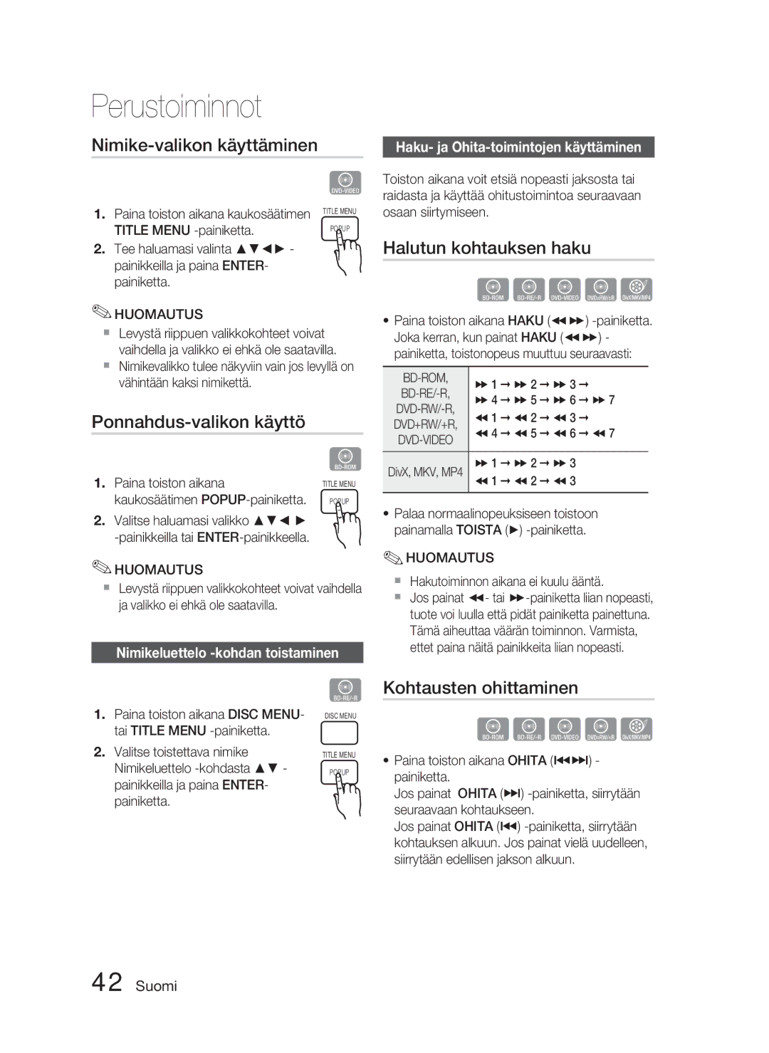 Samsung HT-D4500/XE Nimike-valikon käyttäminen, Halutun kohtauksen haku, Ponnahdus-valikon käyttö, Kohtausten ohittaminen 