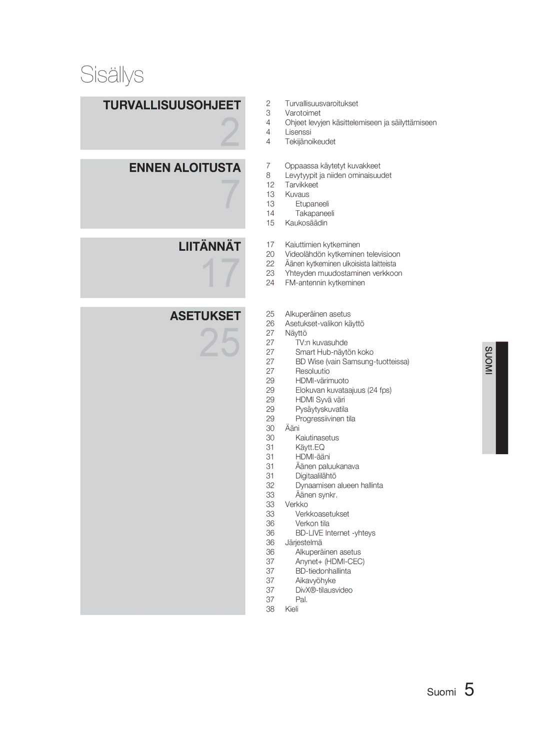 Samsung HT-D4500/XE manual Sisällys, Turvallisuusohjeet 