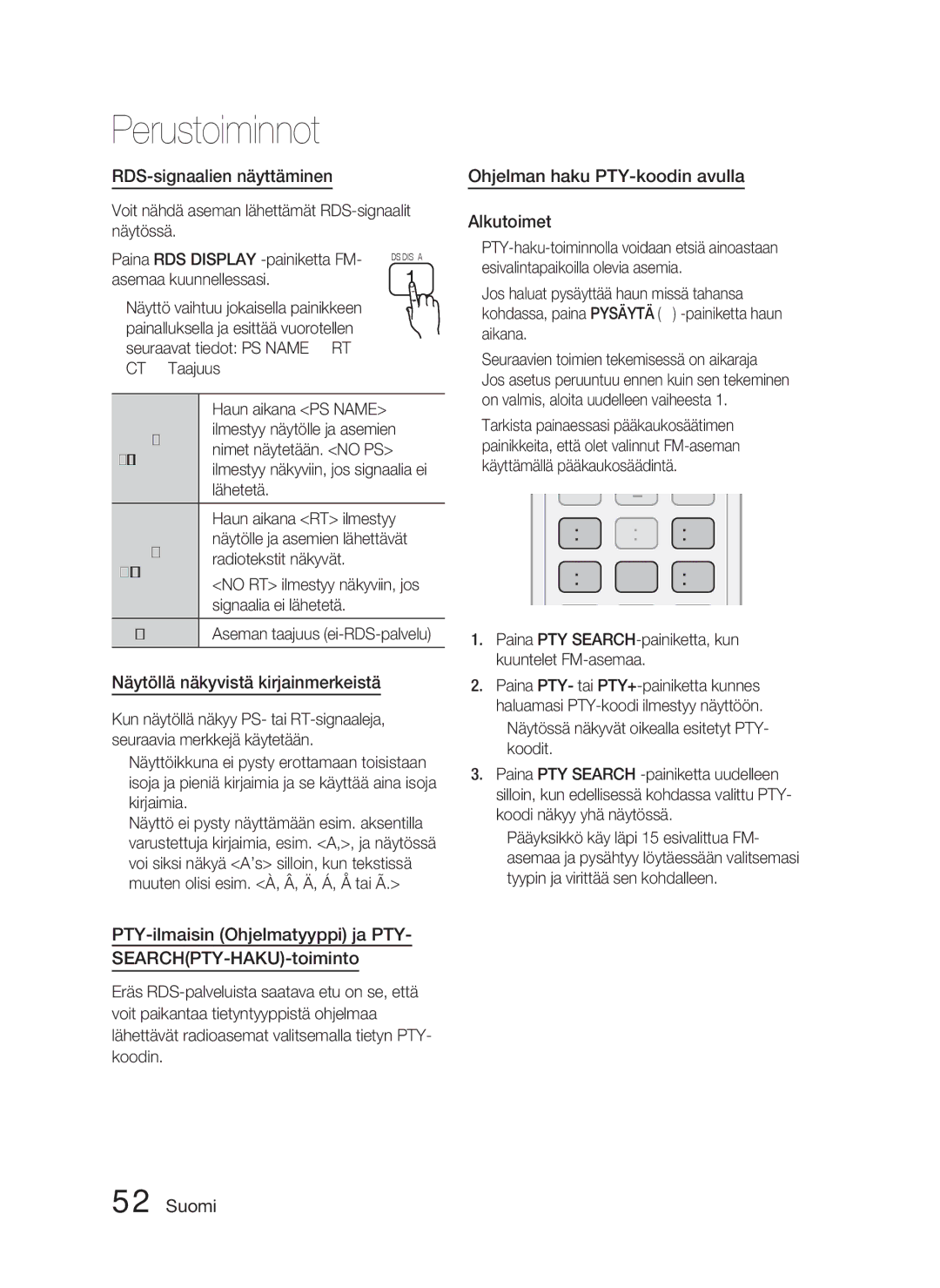 Samsung HT-D4500/XE manual RDS-signaalien näyttäminen, Näytöllä näkyvistä kirjainmerkeistä 