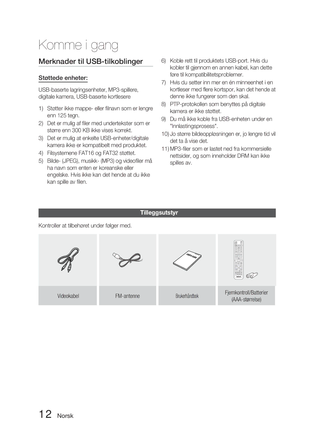 Samsung HT-D4500/XE manual Merknader til USB-tilkoblinger, Støttede enheter, Tilleggsutstyr 