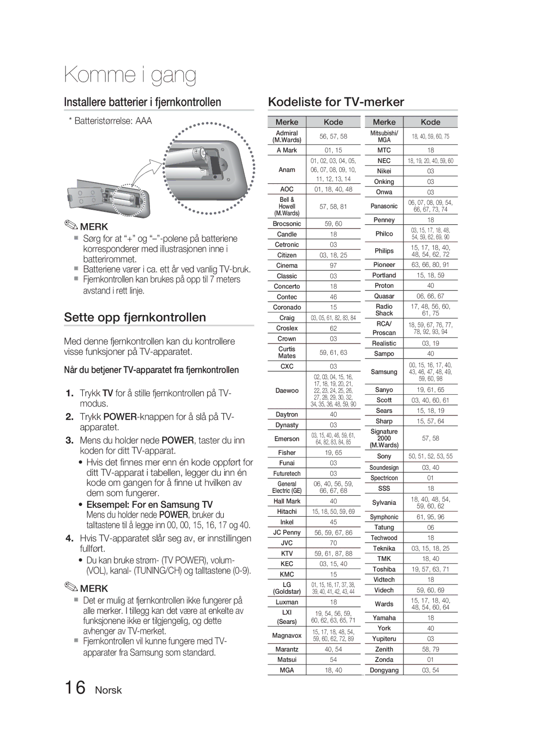 Samsung HT-D4500/XE manual Sette opp fjernkontrollen, Batteristørrelse AAA 