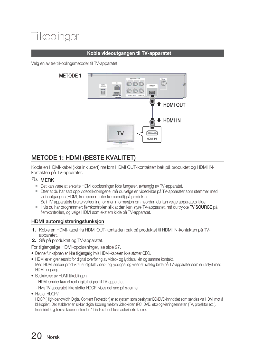 Samsung HT-D4500/XE manual Koble videoutgangen til TV-apparatet, Hdmi autoregistreringsfunksjon 