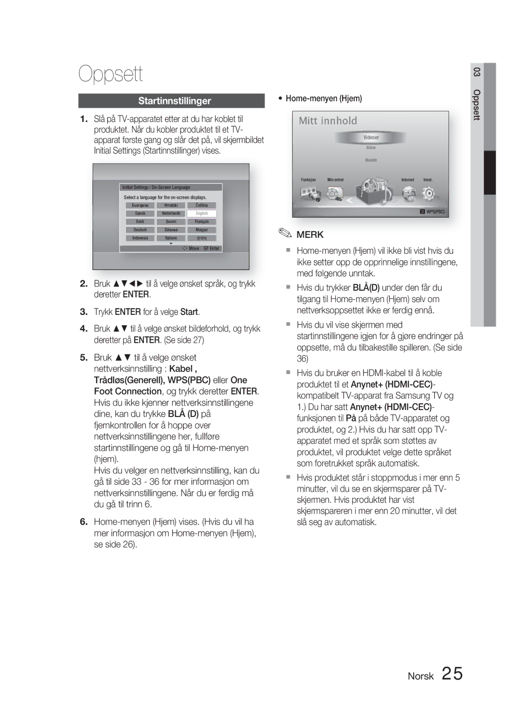 Samsung HT-D4500/XE manual Oppsett, Startinnstillinger 