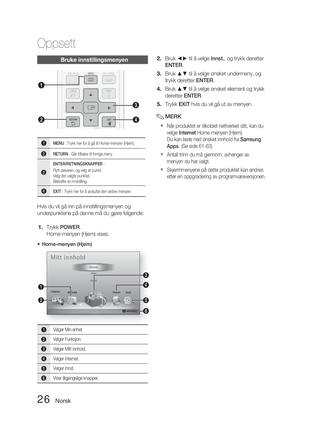 Samsung HT-D4500/XE manual Bruke innstillingsmenyen, Home-menyen Hjem 