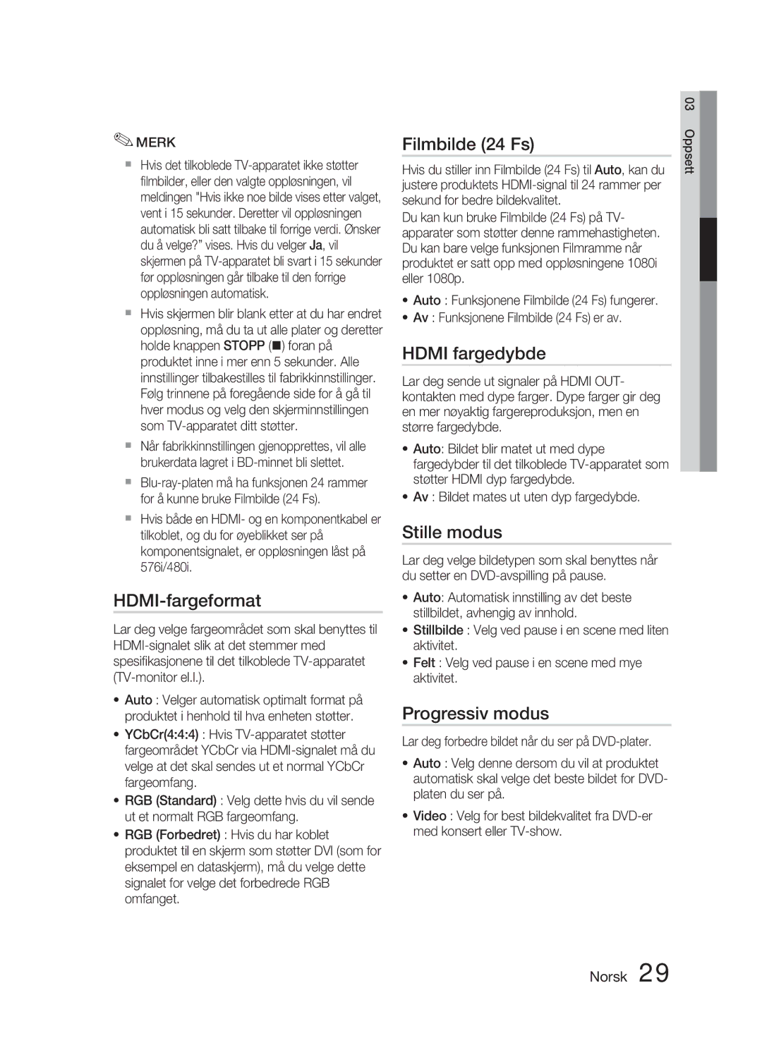 Samsung HT-D4500/XE manual HDMI-fargeformat, Filmbilde 24 Fs, Hdmi fargedybde, Stille modus, Progressiv modus 