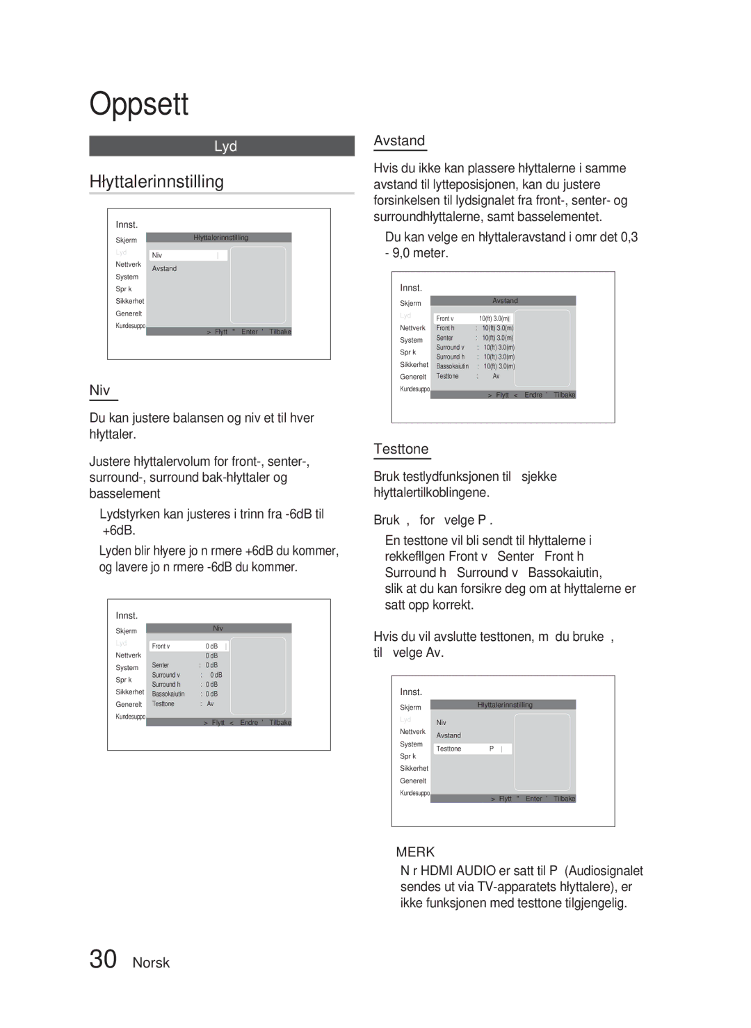 Samsung HT-D4500/XE manual Høyttalerinnstilling, Nivå, Avstand, Testtone 