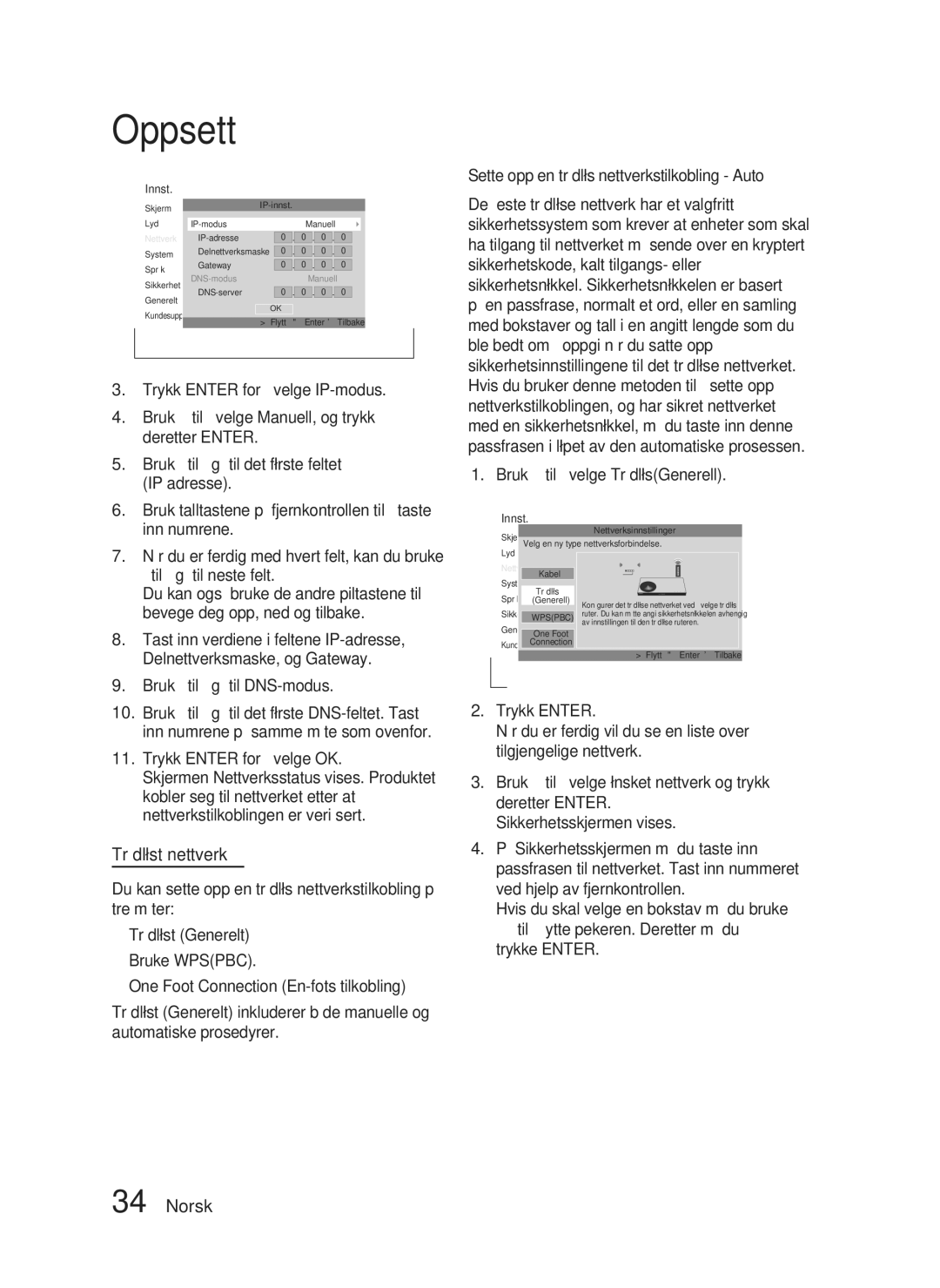 Samsung HT-D4500/XE manual Trådløst nettverk, Bruk til å gå til DNS-modus, Bruk til å velge TrådløsGenerell 