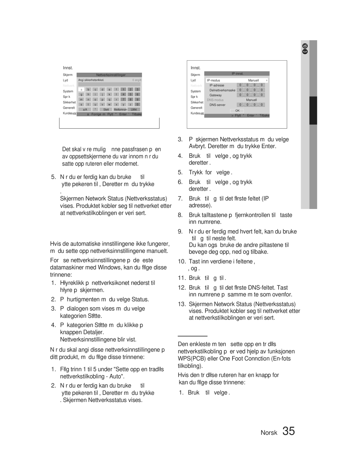 Samsung HT-D4500/XE manual Sette opp en trådløs nettverkstilkobling Manuelt, Bruk til å velge Wpspbc 