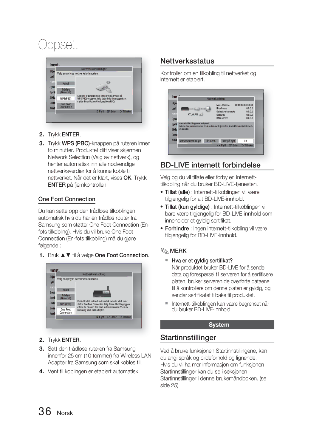 Samsung HT-D4500/XE manual Nettverksstatus, BD-LIVE internett forbindelse, Startinnstillinger, One Foot Connection, System 