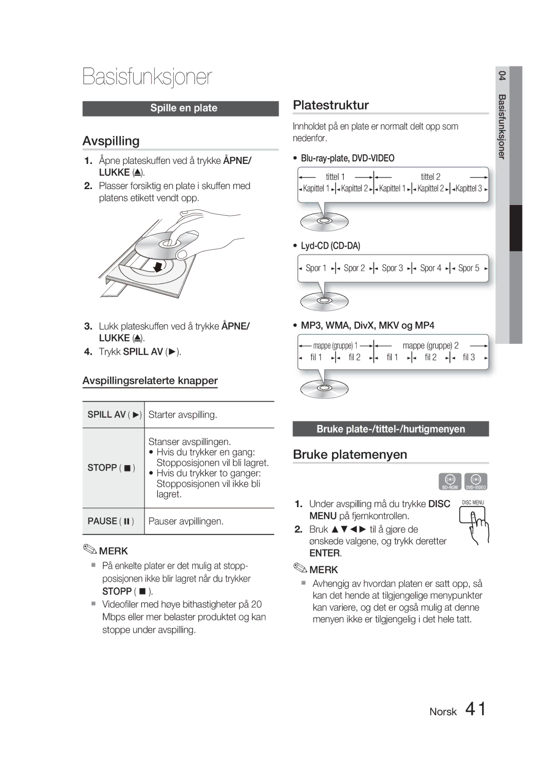 Samsung HT-D4500/XE manual Basisfunksjoner, Avspilling, Platestruktur, Bruke platemenyen 