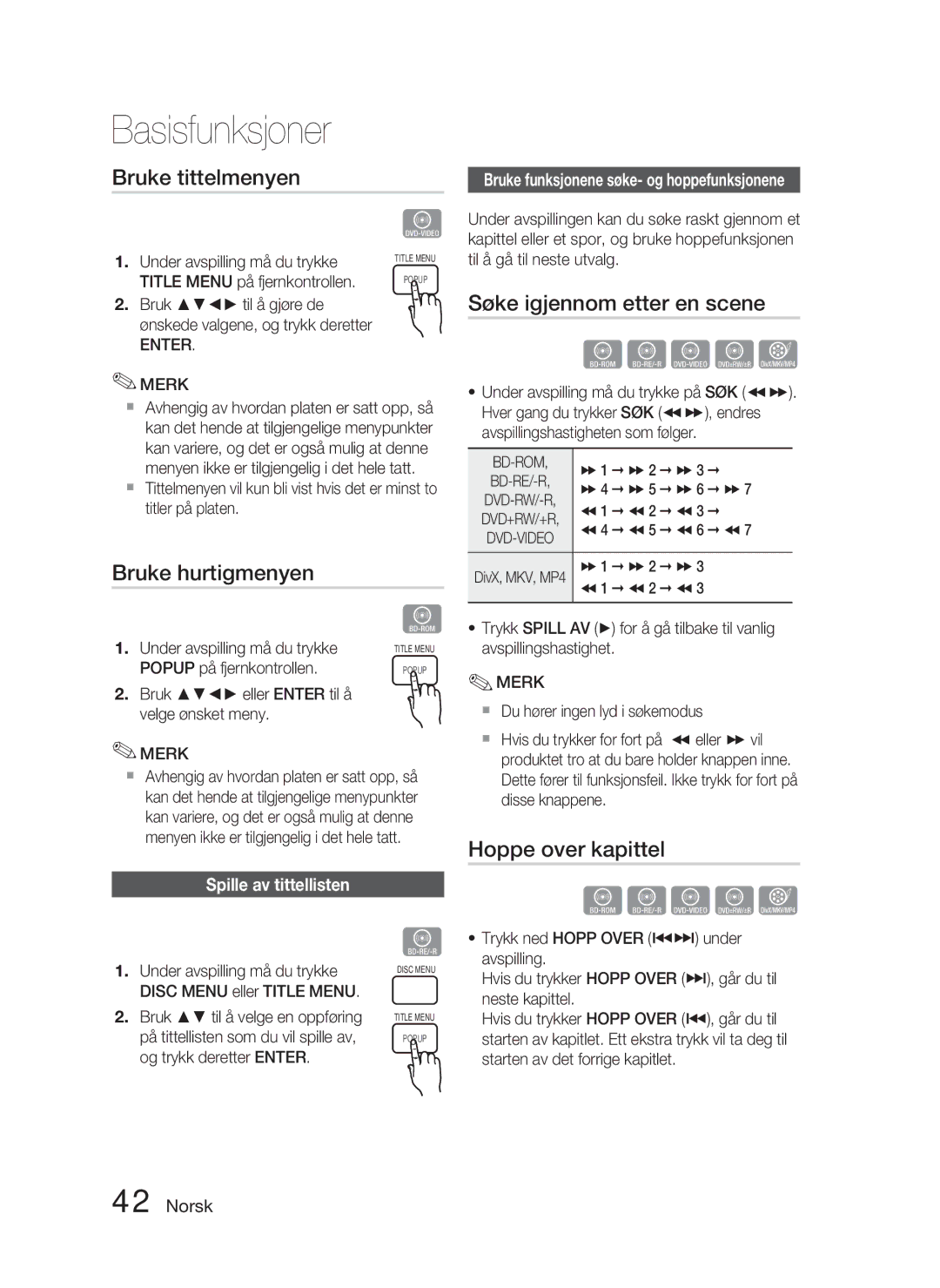 Samsung HT-D4500/XE manual Bruke tittelmenyen, Søke igjennom etter en scene, Bruke hurtigmenyen, Hoppe over kapittel 