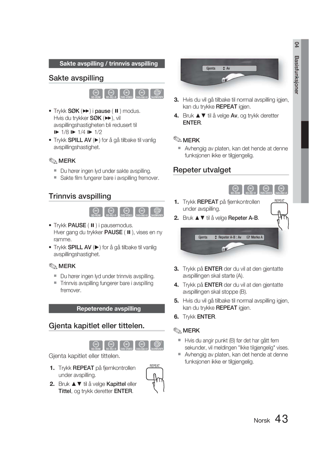 Samsung HT-D4500/XE manual Sakte avspilling, Trinnvis avspilling, Gjenta kapitlet eller tittelen, Repeter utvalget 