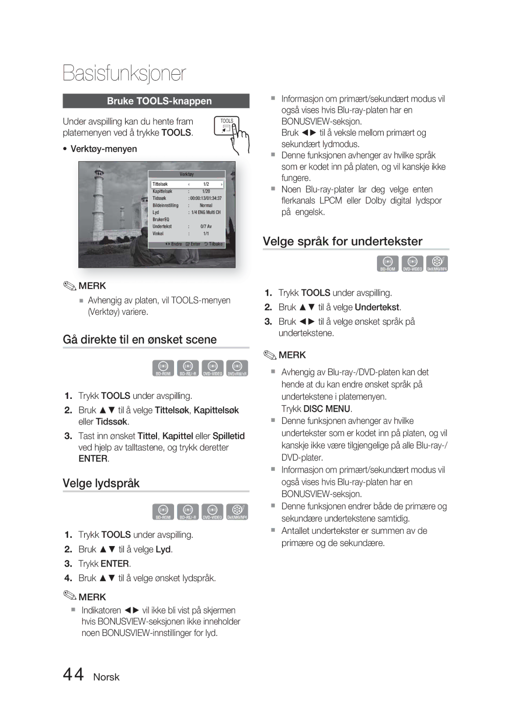 Samsung HT-D4500/XE Gå direkte til en ønsket scene, Velge lydspråk, Velge språk for undertekster, Bruke TOOLS-knappen 