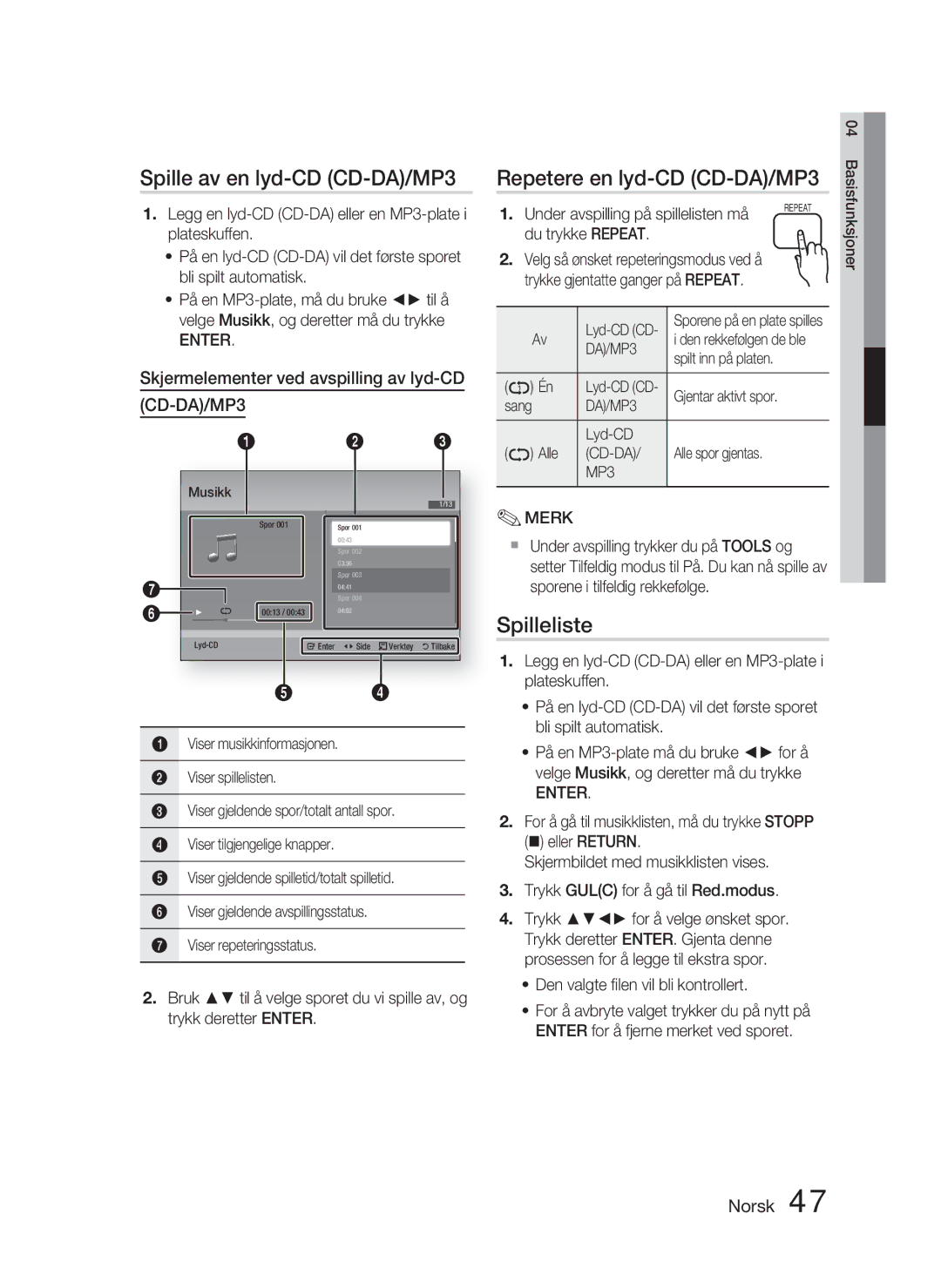 Samsung HT-D4500/XE manual Spille av en lyd-CD CD-DA/MP3, Repetere en lyd-CD CD-DA/MP3, Spilleliste 