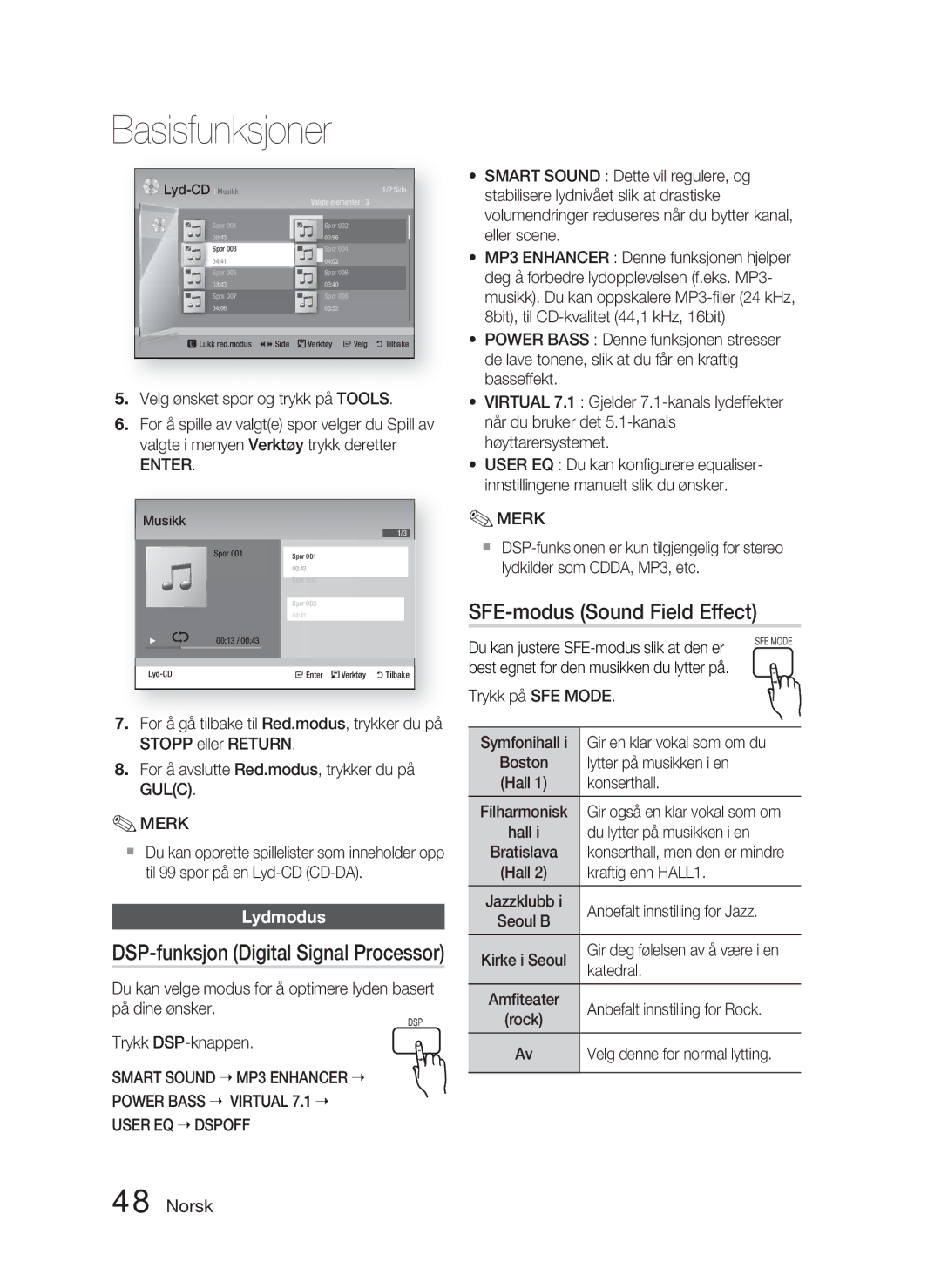 Samsung HT-D4500/XE manual SFE-modus Sound Field Effect, Lydmodus, Smart Sound, Power Bass Virtual User EQ Dspoff 