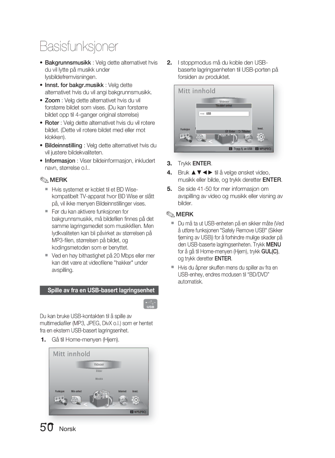 Samsung HT-D4500/XE manual Spille av fra en USB-basert lagringsenhet, Gå til Home-menyen Hjem 