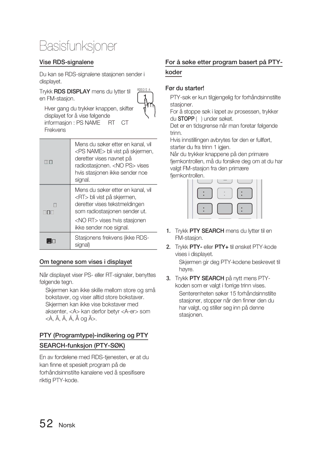 Samsung HT-D4500/XE manual Vise RDS-signalene, Om tegnene som vises i displayet 