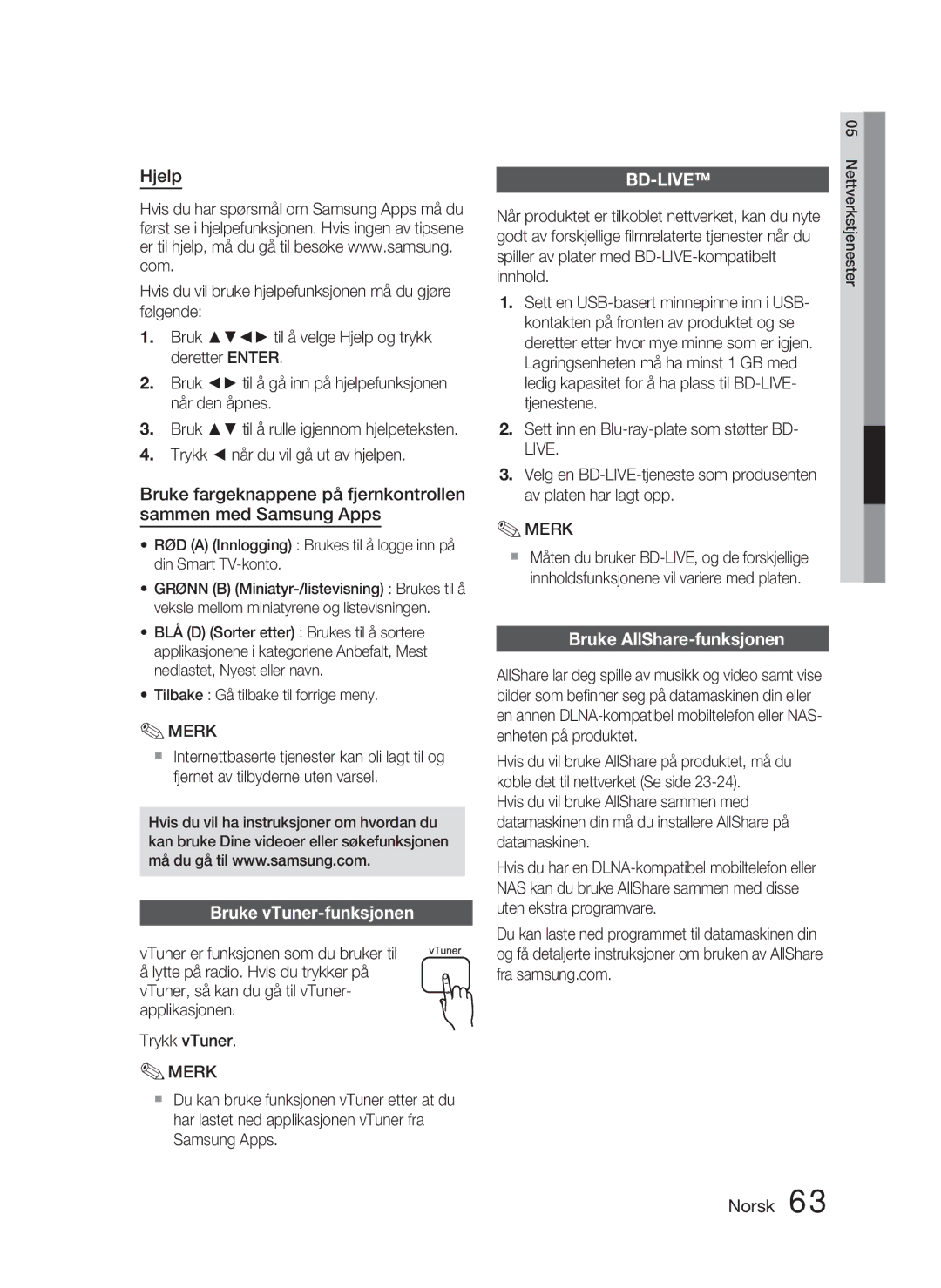 Samsung HT-D4500/XE manual Hjelp, Bruke vTuner-funksjonen, Bruke AllShare-funksjonen, Tilbake Gå tilbake til forrige meny 