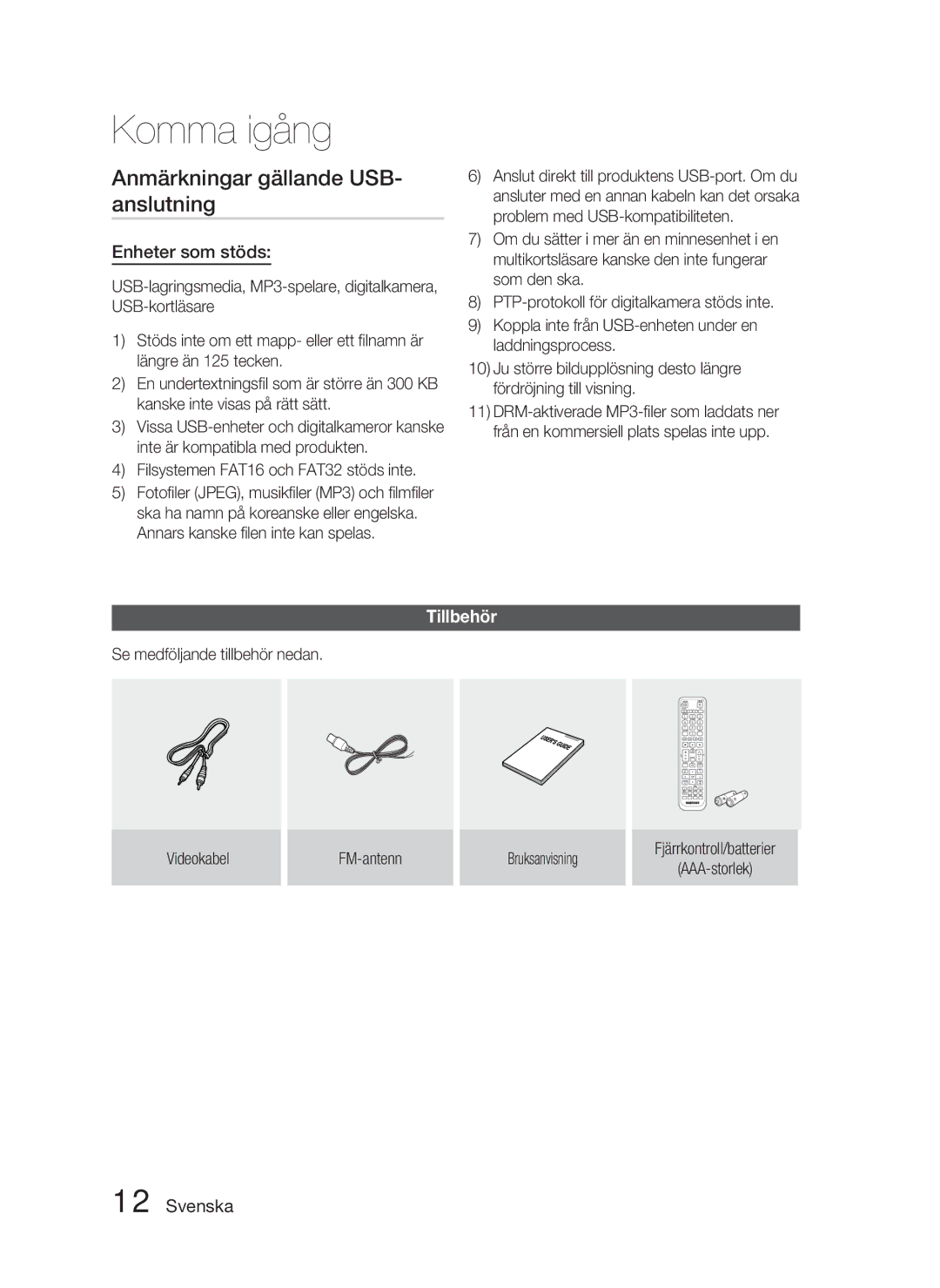 Samsung HT-D4500/XE manual Anmärkningar gällande USB- anslutning, Enheter som stöds, Tillbehör 