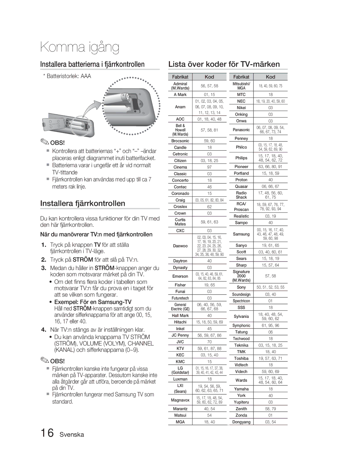 Samsung HT-D4500/XE manual Installera fjärrkontrollen, Batteristorlek AAA OBS 