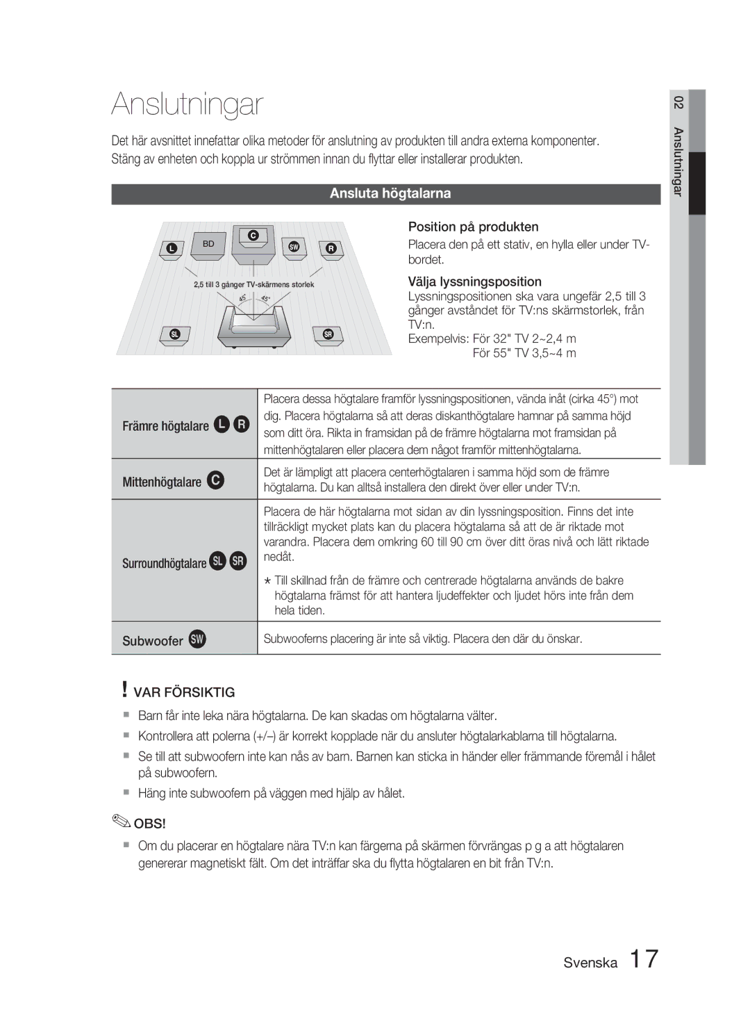 Samsung HT-D4500/XE manual Anslutningar, Ansluta högtalarna 