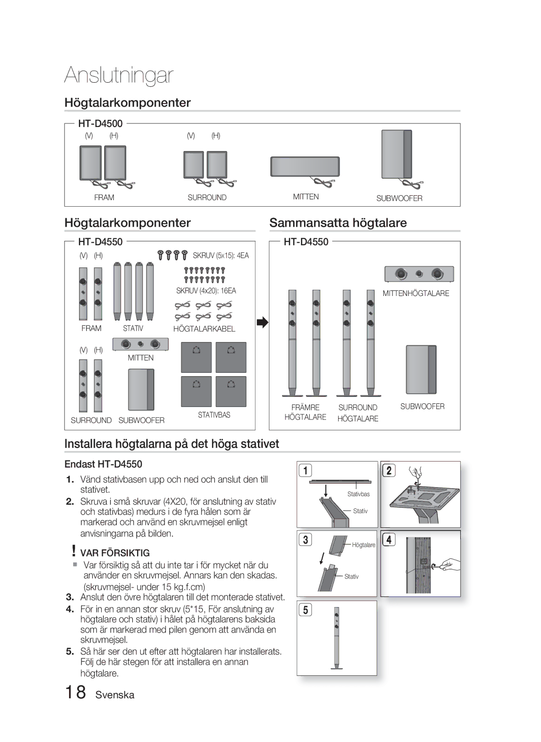 Samsung HT-D4500/XE manual Högtalarkomponenter Sammansatta högtalare, Installera högtalarna på det höga stativet 