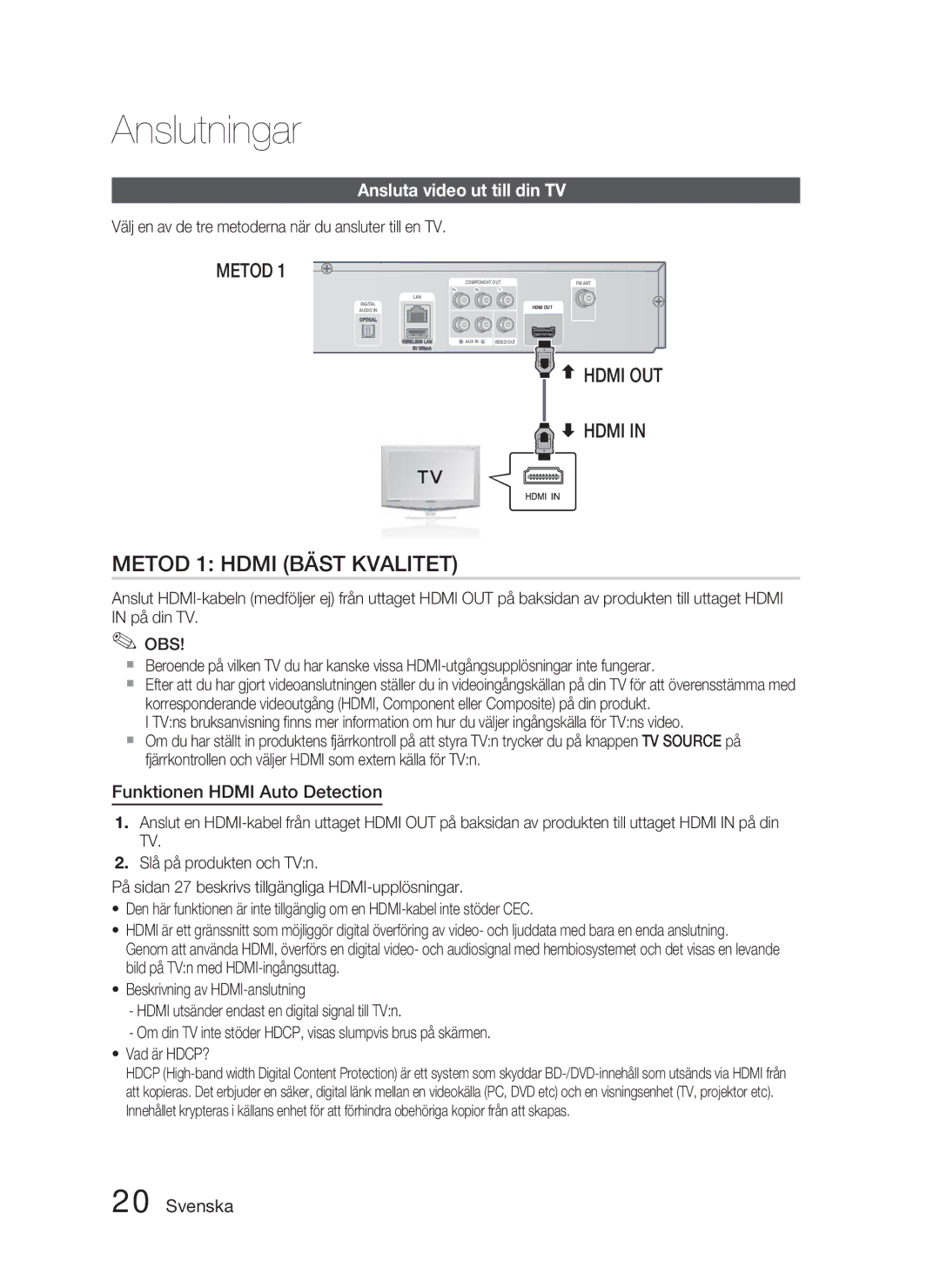 Samsung HT-D4500/XE manual Ansluta video ut till din TV, Funktionen Hdmi Auto Detection 