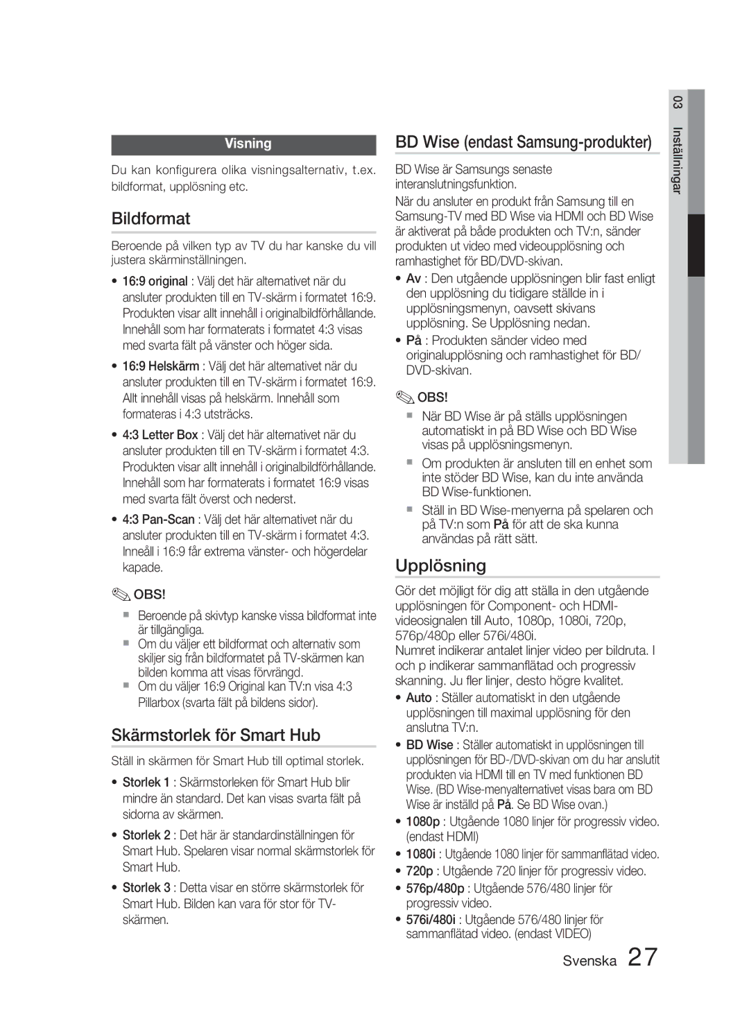 Samsung HT-D4500/XE manual Bildformat, Skärmstorlek för Smart Hub, Upplösning, Visning 