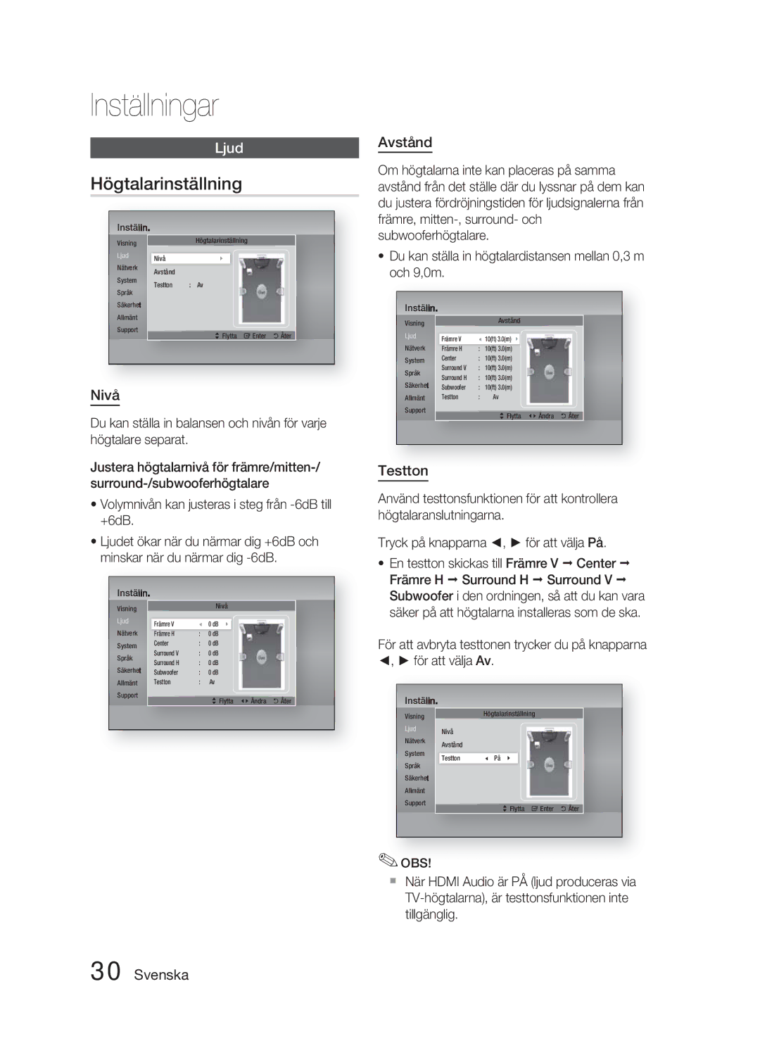 Samsung HT-D4500/XE manual Högtalarinställning, Nivå, Avstånd, Testton 