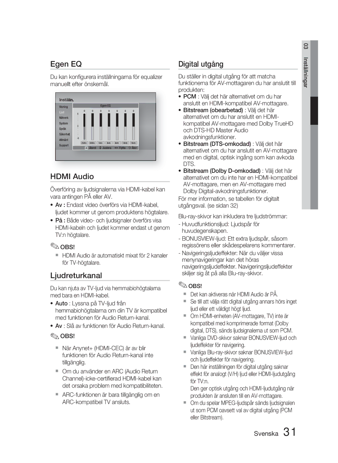 Samsung HT-D4500/XE manual Egen EQ, Hdmi Audio, Ljudreturkanal, Digital utgång 