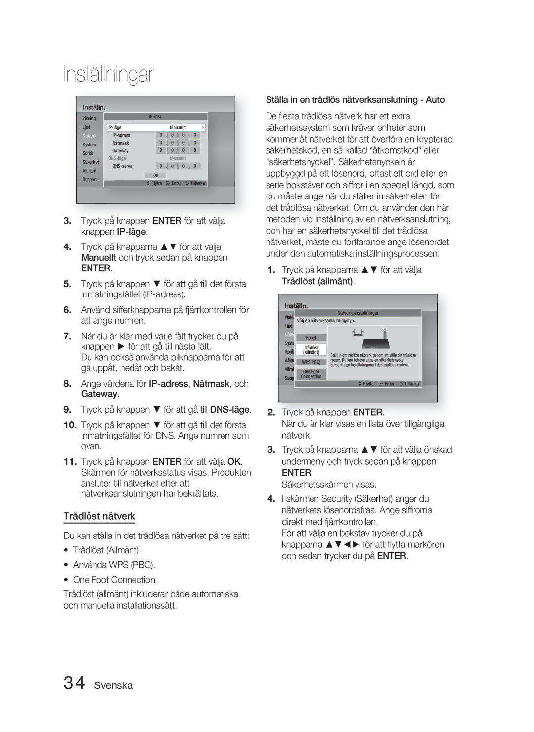 Samsung HT-D4500/XE manual Trådlöst nätverk, Ställa in en trådlös nätverksanslutning Auto 