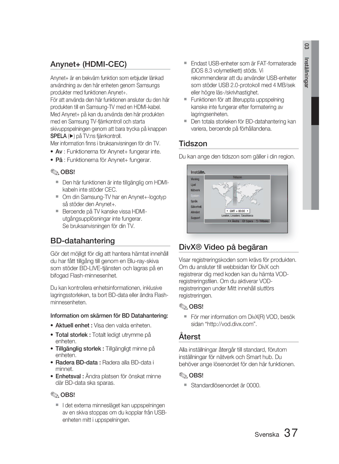 Samsung HT-D4500/XE manual Anynet+ HDMI-CEC, BD-datahantering, Tidszon, DivX Video på begäran, Återst 