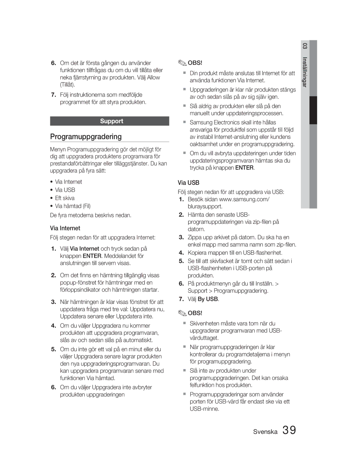 Samsung HT-D4500/XE manual Programuppgradering, Support, Via Internet, Via USB 