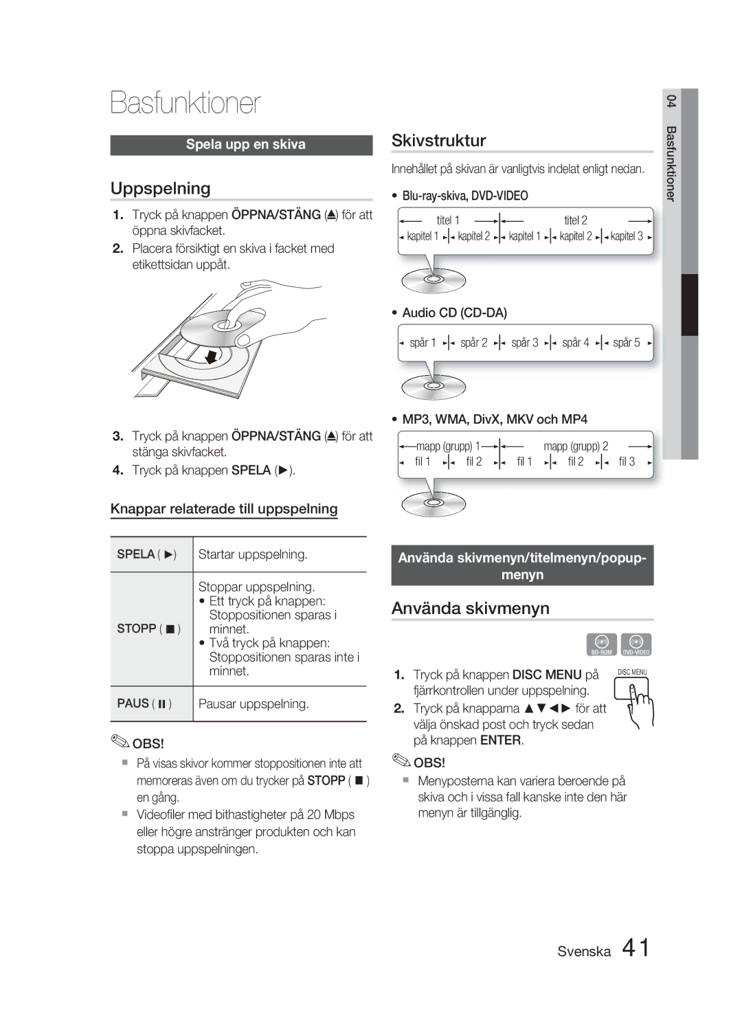 Samsung HT-D4500/XE manual Basfunktioner, Uppspelning, Skivstruktur, Använda skivmenyn 