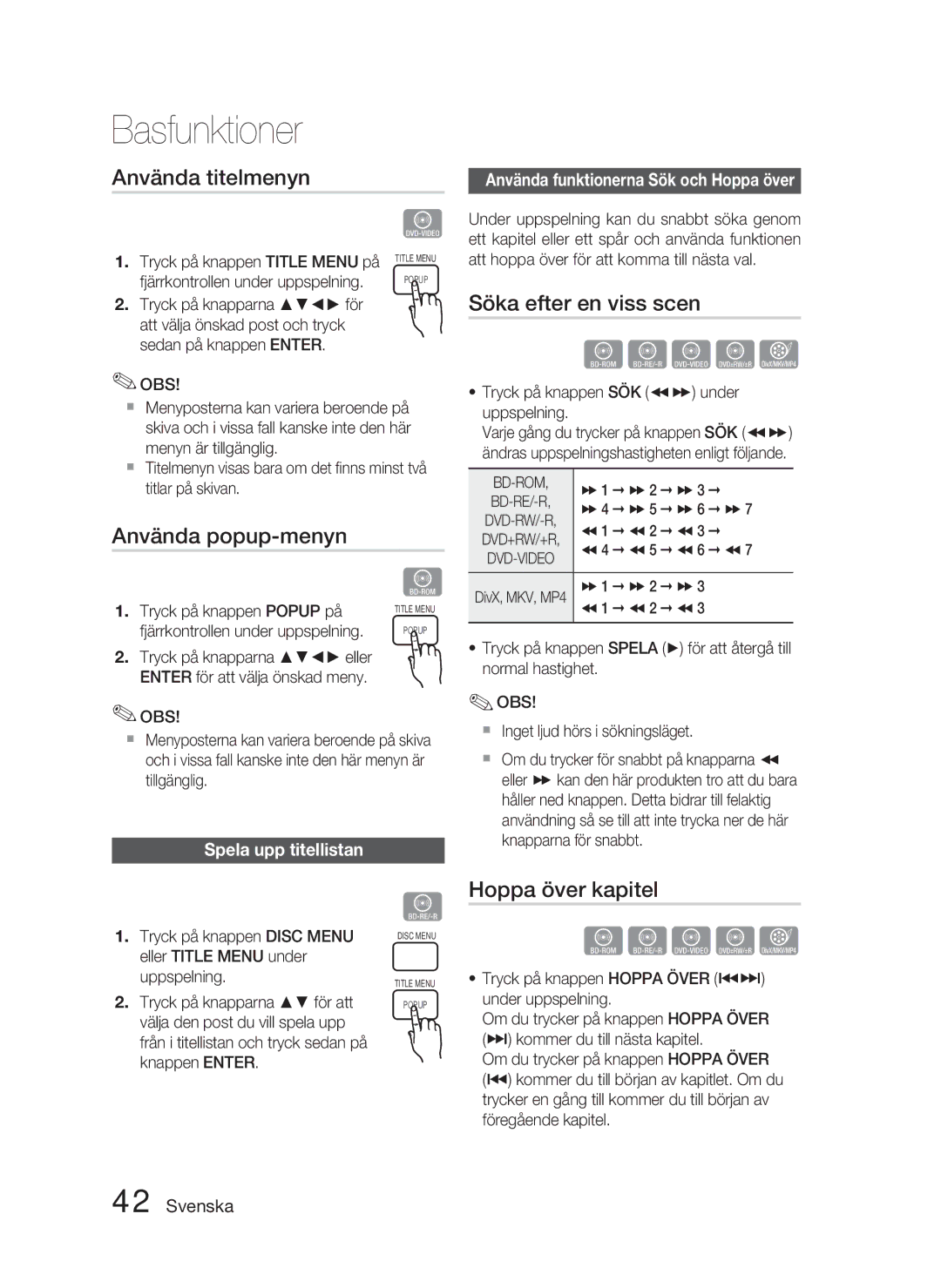 Samsung HT-D4500/XE manual Använda titelmenyn, Använda popup-menyn, Söka efter en viss scen, Hoppa över kapitel 