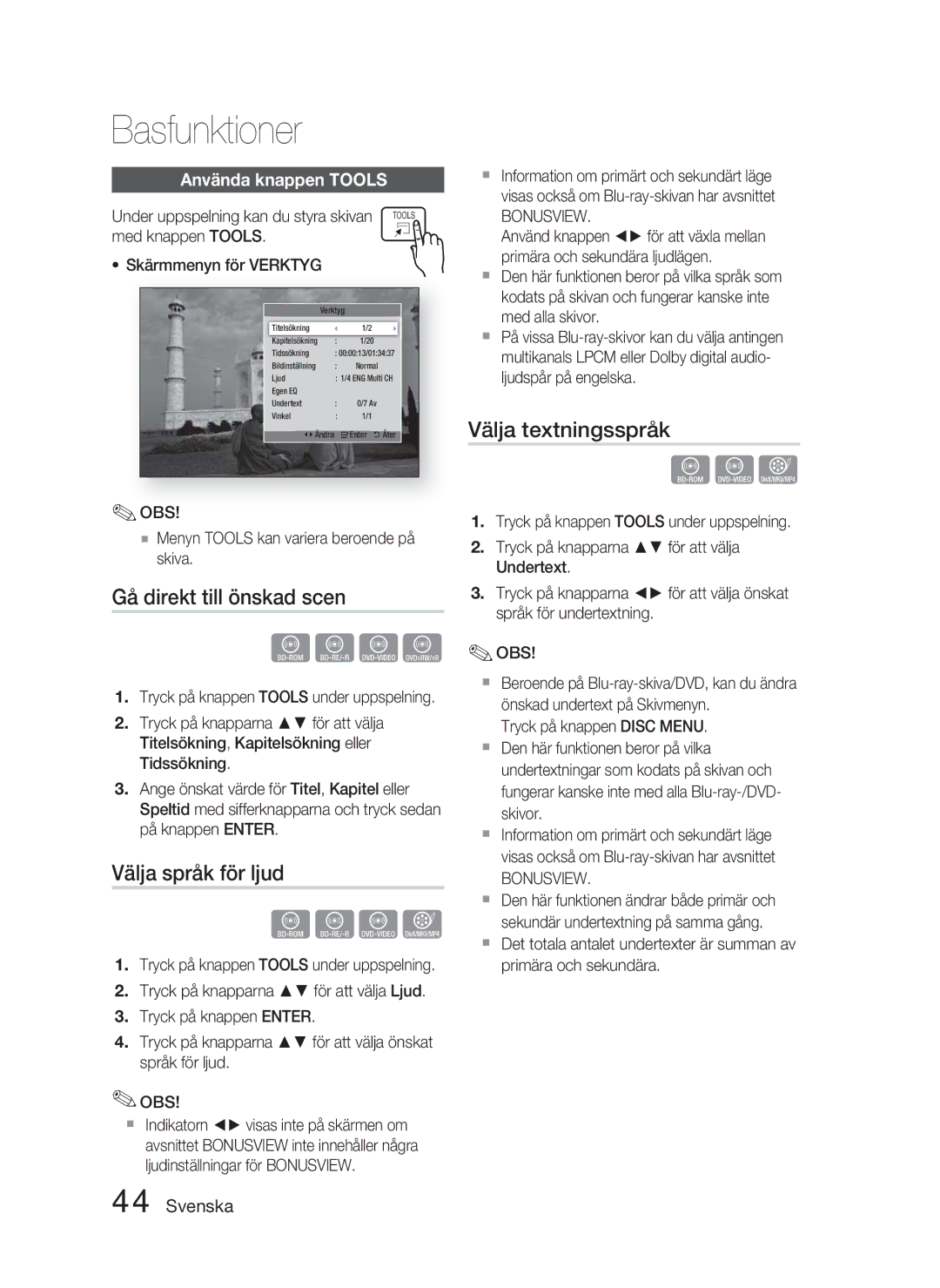 Samsung HT-D4500/XE manual Gå direkt till önskad scen, Välja språk för ljud, Välja textningsspråk, Använda knappen Tools 