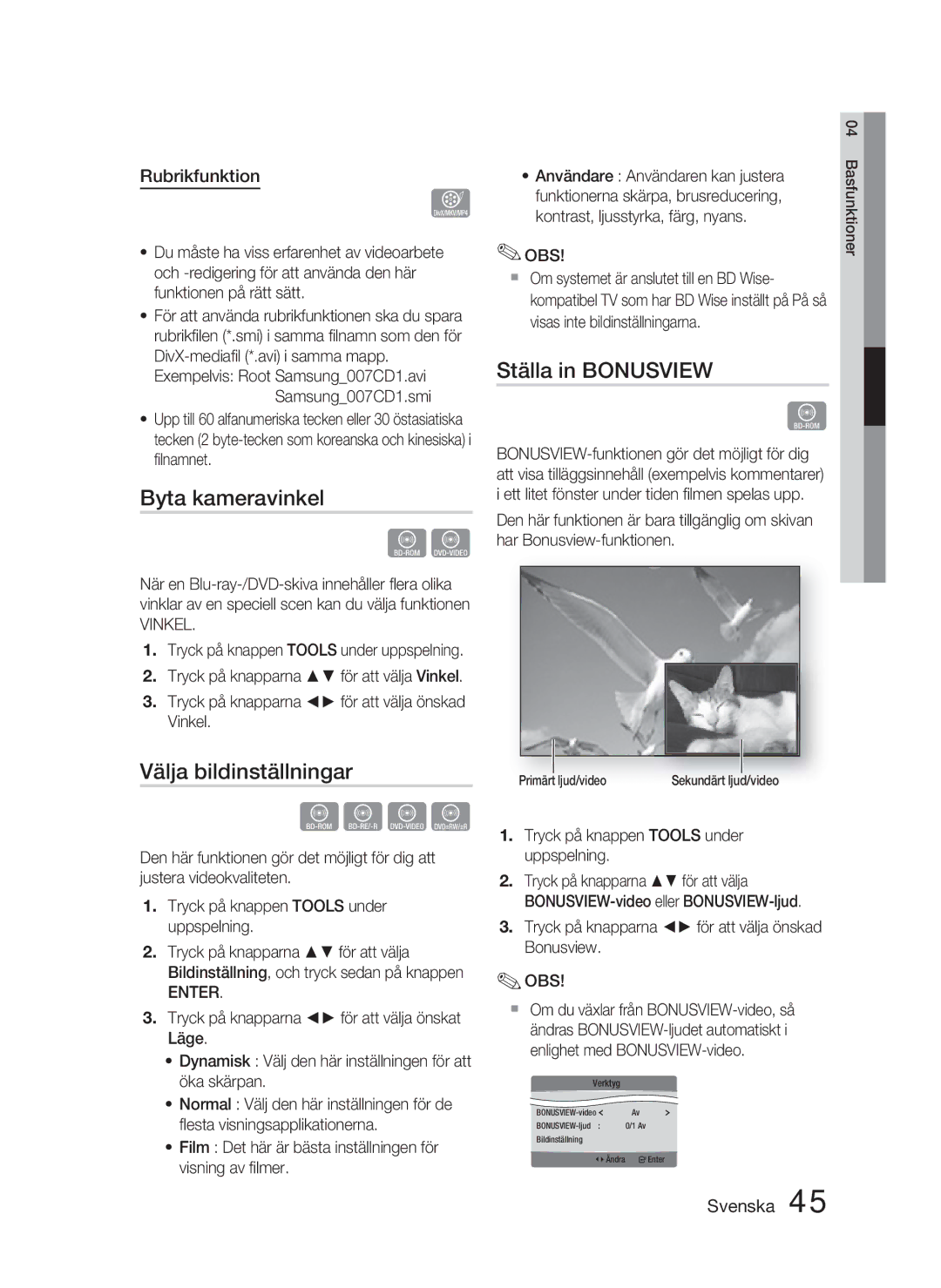 Samsung HT-D4500/XE manual Byta kameravinkel, Ställa in Bonusview, Välja bildinställningar, Rubrikfunktion, Vinkel 