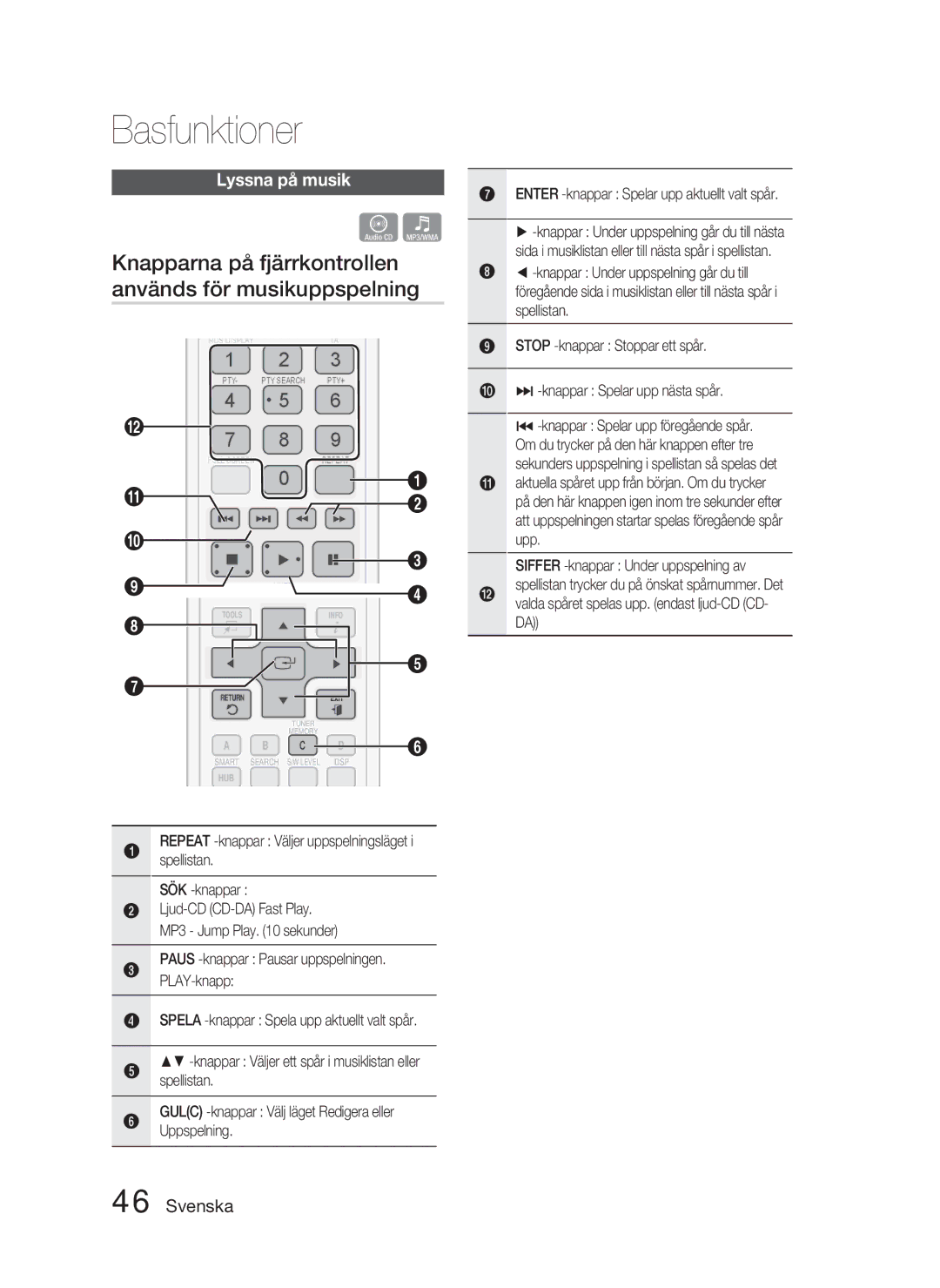 Samsung HT-D4500/XE manual Knapparna på fjärrkontrollen används för musikuppspelning, Lyssna på musik 