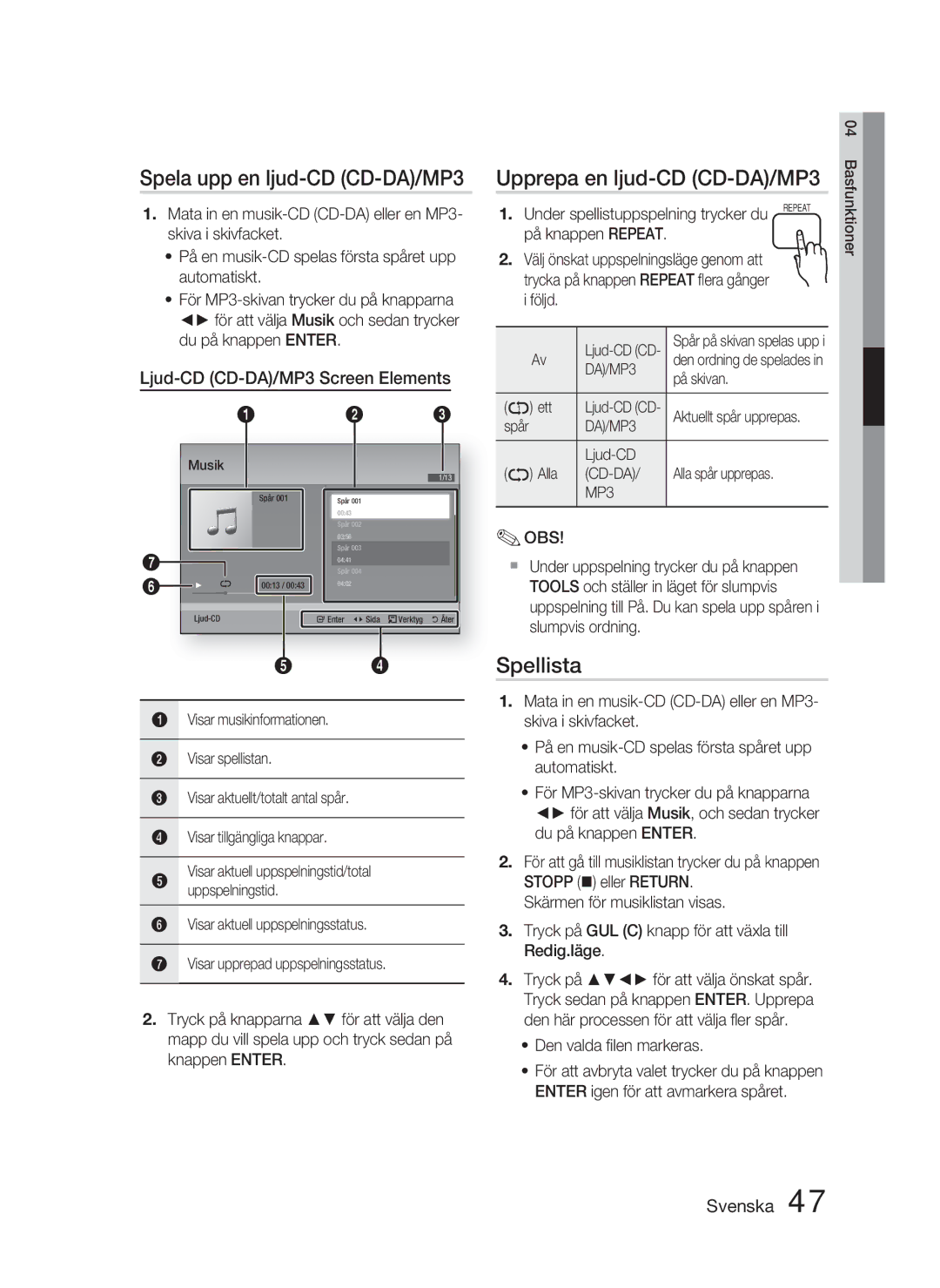 Samsung HT-D4500/XE manual Spela upp en ljud-CD CD-DA/MP3, Upprepa en ljud-CD CD-DA/MP3, Spellista 