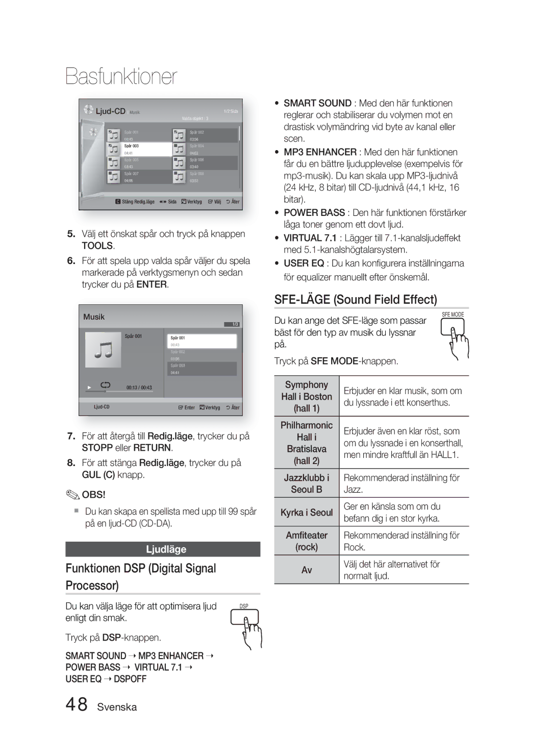 Samsung HT-D4500/XE manual Funktionen DSP Digital Signal Processor, SFE-LÄGE Sound Field Effect, Ljudläge, Tools 