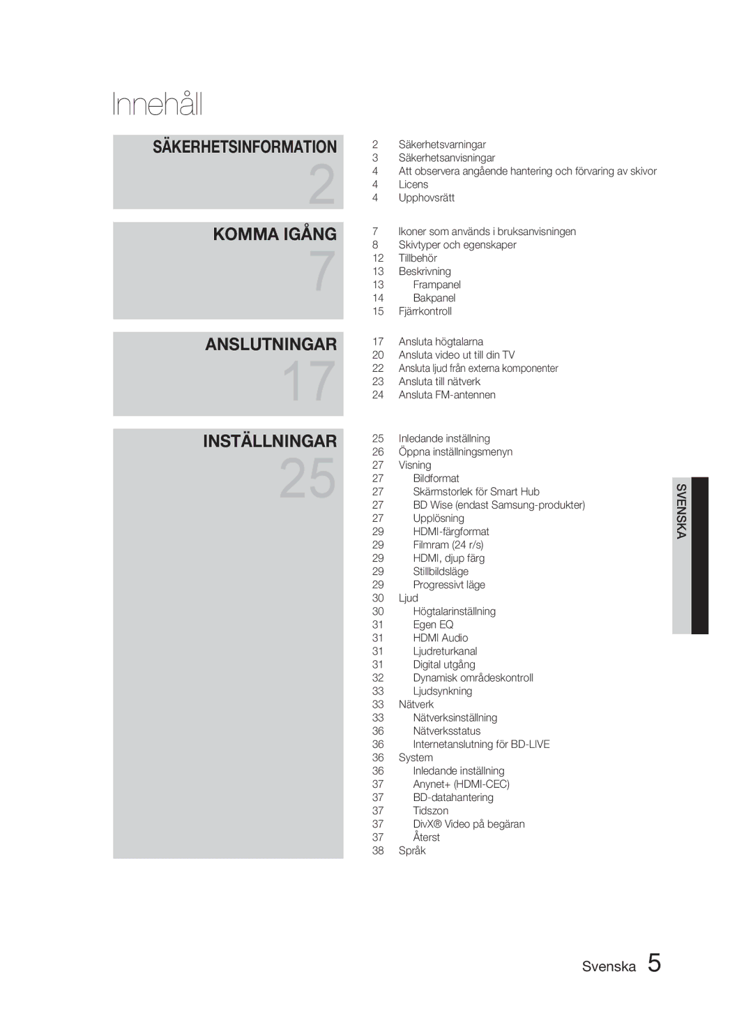 Samsung HT-D4500/XE manual Innehåll, Säkerhetsinformation 