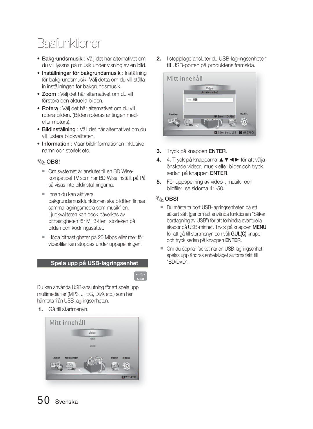 Samsung HT-D4500/XE manual Spela upp på USB-lagringsenhet, Gå till startmenyn 