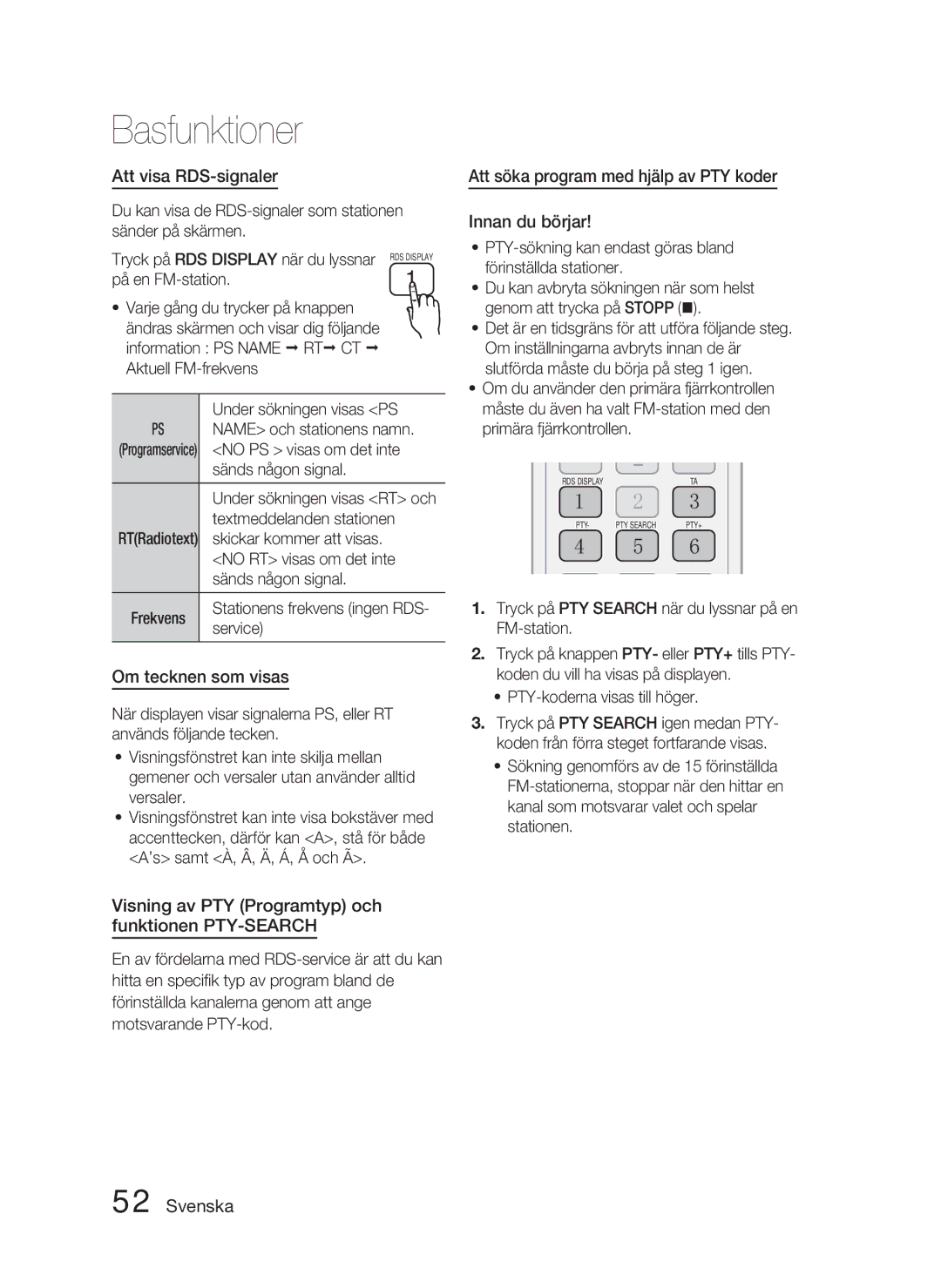 Samsung HT-D4500/XE manual Att visa RDS-signaler, Om tecknen som visas, Visning av PTY Programtyp och funktionen PTY-SEARCH 