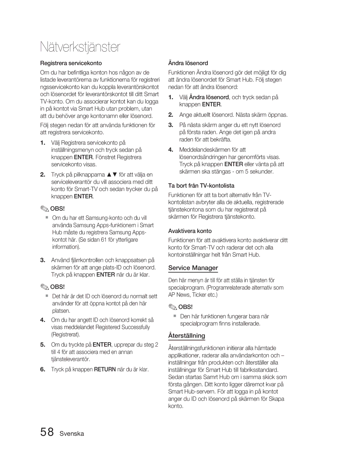 Samsung HT-D4500/XE manual Service Manager, Återställning, Registrera servicekonto, Ta bort från TV-kontolista 