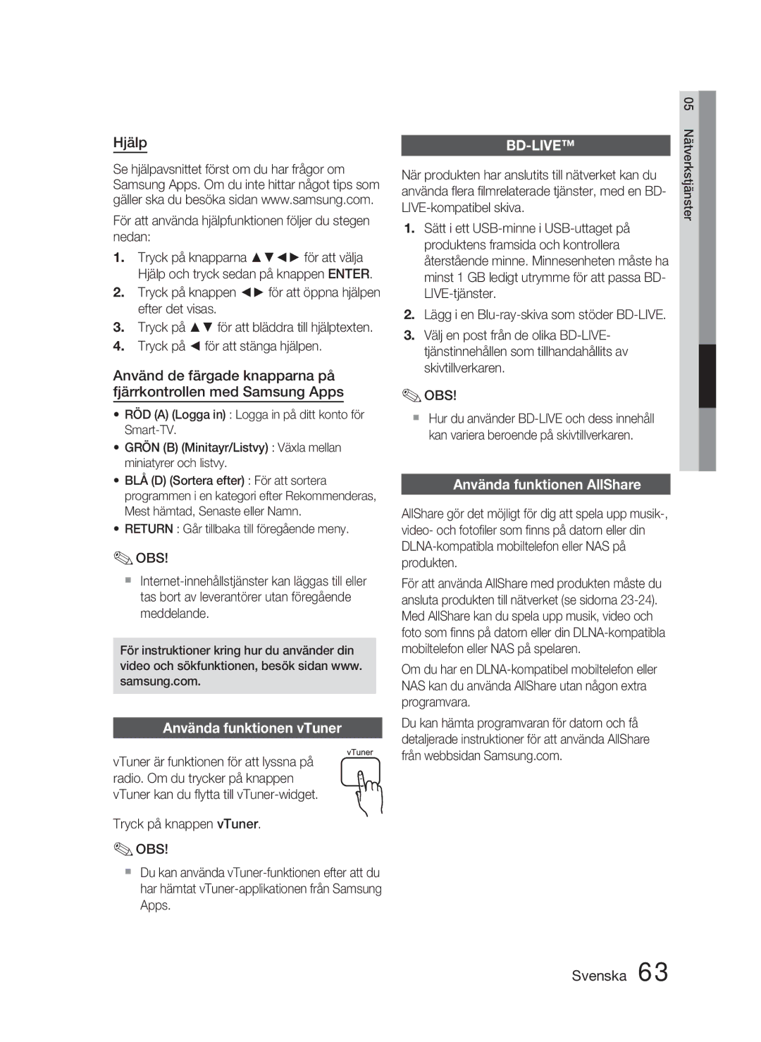 Samsung HT-D4500/XE manual Hjälp, Använda funktionen vTuner, Använda funktionen AllShare 