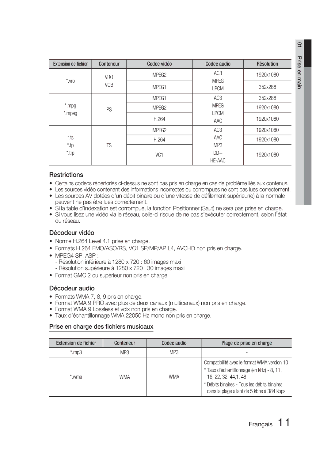 Samsung HT-D4500/ZF manual Prise en charge des ﬁchiers musicaux, Vob, MPEG4 SP, ASP 