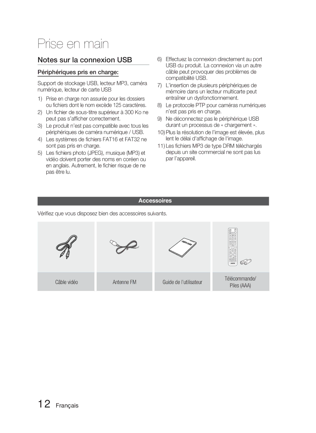 Samsung HT-D4500/ZF manual Périphériques pris en charge, Accessoires 