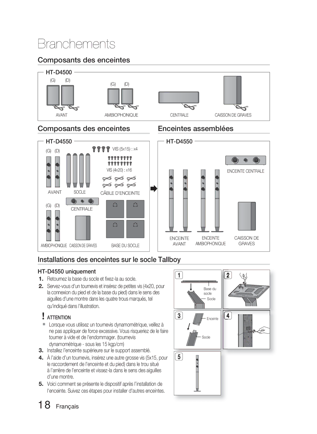 Samsung HT-D4500/ZF Composants des enceintes Enceintes assemblées, Installations des enceintes sur le socle Tallboy 