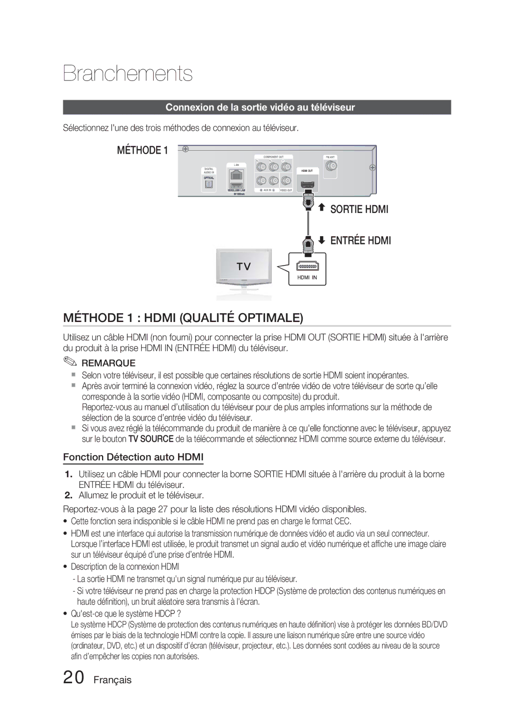 Samsung HT-D4500/ZF manual Connexion de la sortie vidéo au téléviseur, Fonction Détection auto Hdmi 